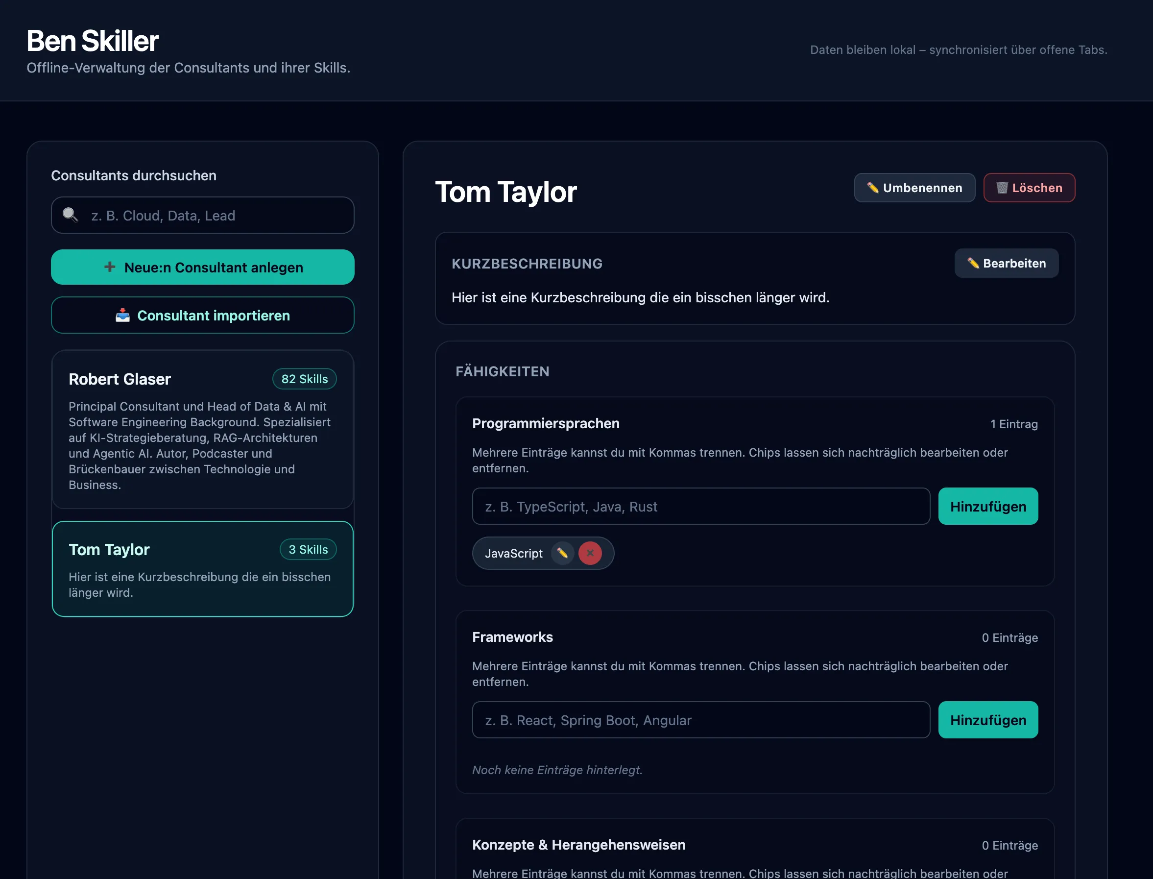 Skill-App mit moderner dunkler Oberfläche