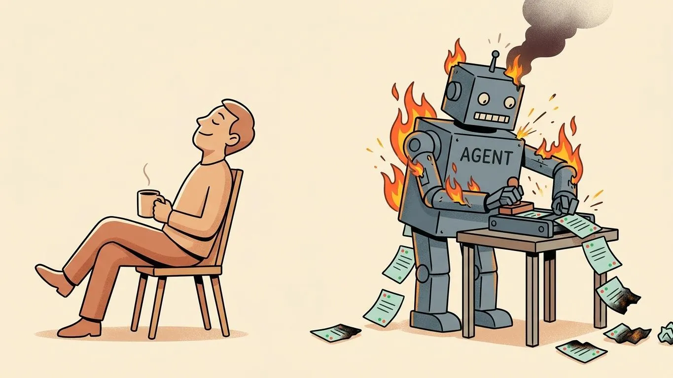 Ein Mensch sitzt entspannt mit Kaffee da, Augen geschlossen, schaut weg, während der Agenten-Roboter nebenan am Workbench arbeitet und dabei in Flammen steht. This is fine.