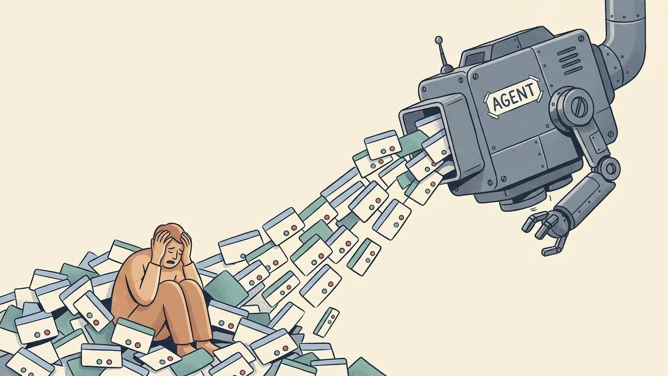 Ein Mensch ächzt unter der Flut an Approval-Dialogen, die eine Maschine mit der Aufschrift "Agent" pausenlos ausspuckt.