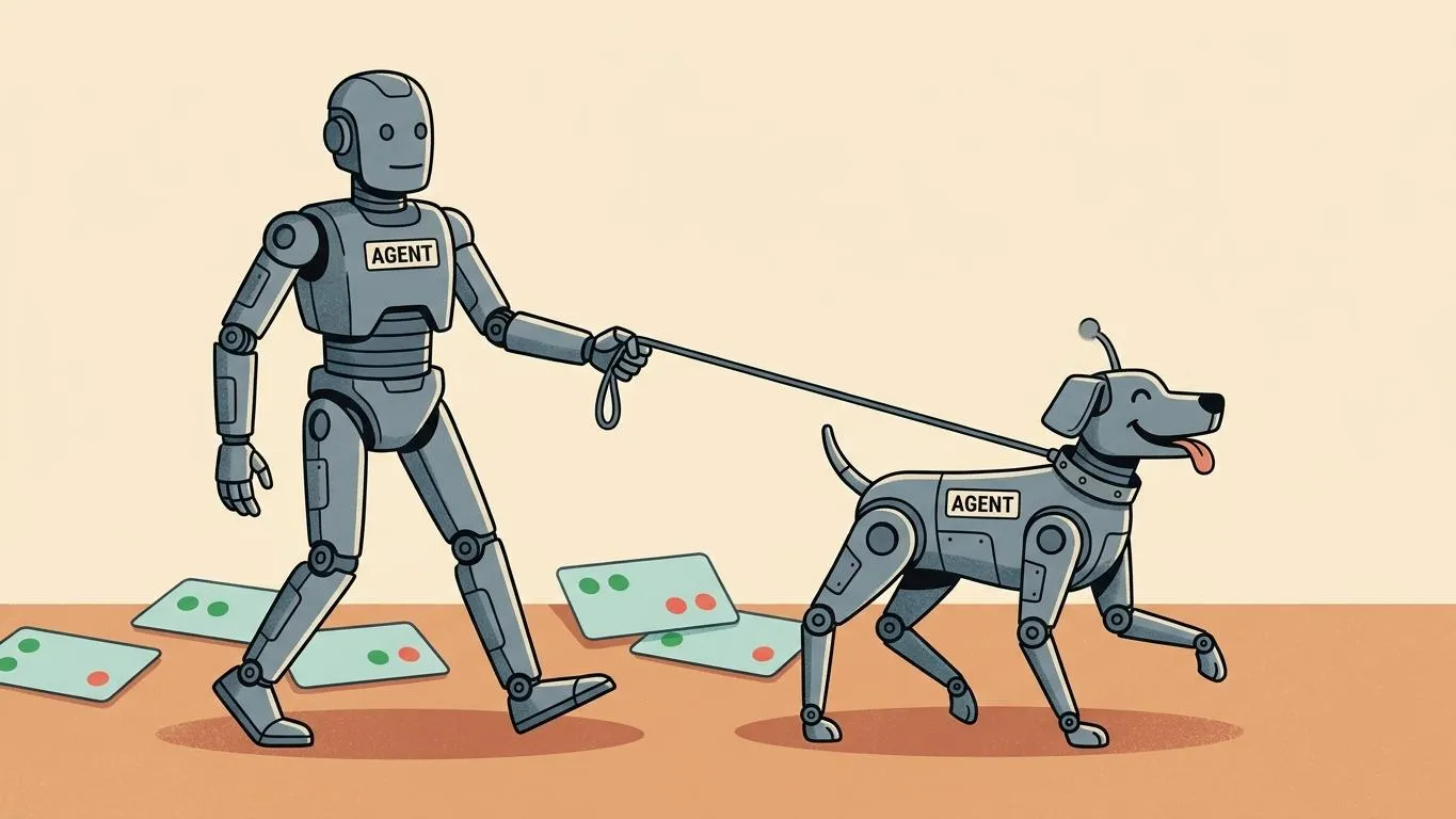 Ein humanoider AGENT-Roboter führt einen Roboter-Hund, ebenfalls mit AGENT-Label, an der Leine spazieren. Beide offensichtlich aus derselben Robotergattung.