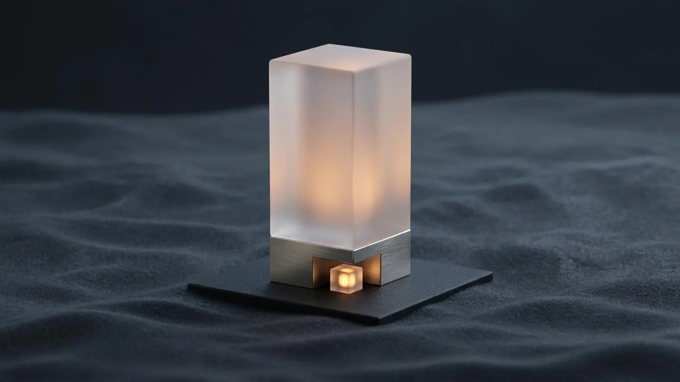 Eine hohe Stele aus mattem Glas leuchtet sanft von innen auf einer dunklen Platte. In einer kleinen Nische an ihrem Fuß sitzt ein winziger Glaswürfel mit eigenem, hellem Leuchten.