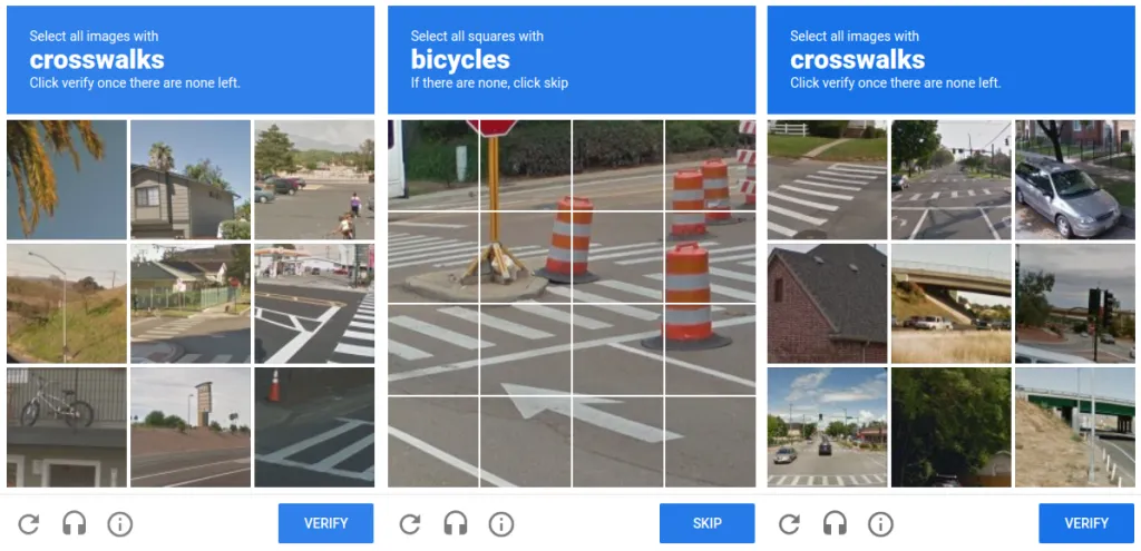 reCAPTCHA-Aufgaben: Klick auf alle Bilder mit Zebrastreifen, Fahrrädern oder Motorrädern.